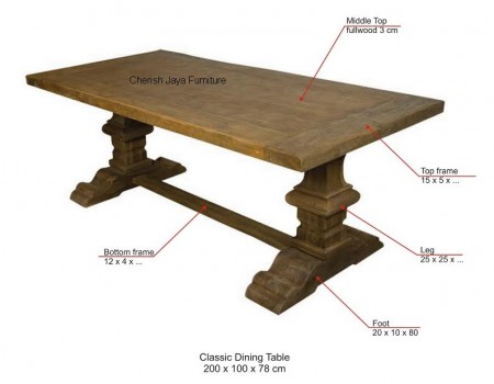 Code: SJDT 029 Name: Java Tressel Dining Table Size:  W=200 x D=100 x H=78 cm  W=220 x D=100 x H=78 cm W=240 x D=100 x H=78 cm W=260 x D=100 x H=78 cm W=280 x D=100 x H=78 cm Thickness top = 4 cm Thickness leg = 14 cm Wood: Solid Teakwood